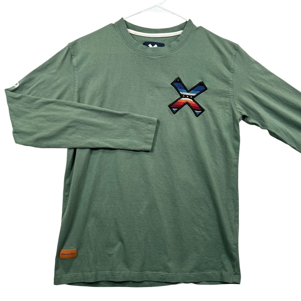Blue Banana Long Sleeve T-Shirt Men Small Green Embroidered X Logo Graphic Tee
